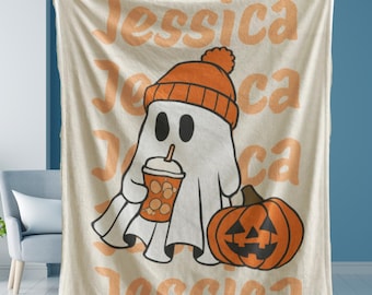 Personalized Halloween Ghost Blanket with Name, Fall Orange Ghost Throw, Cute Jack-O'-Lantern Blanket, Custom Teen Girl Cozy Gift