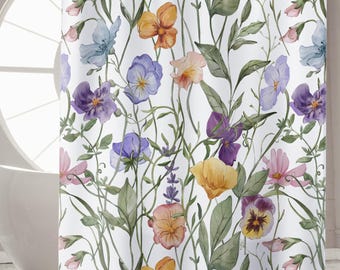 Watercolor Floral Shower Curtain, Wildflower Bathroom Decor, Cottagecore Botanical Shower Curtain, Colorful Farmhouse Bath Curtain