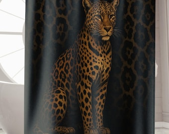 Luxury Leopard Shower Curtain | Black Gold Animal Print Bathroom Decor | Maximalist Statement Bath Set | Elegant Glam Housewarming Gift