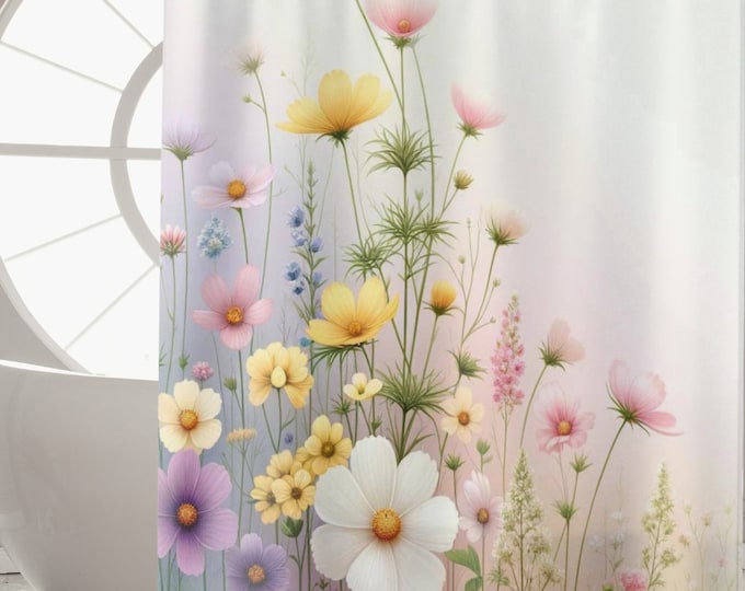 Featured listing image: Wildflower Bathroom Shower Curtain Housewarming Gift, Floral Home Decor, Botanical Curtain, Wildflowers Decor, Floral Bathroom, Flowers