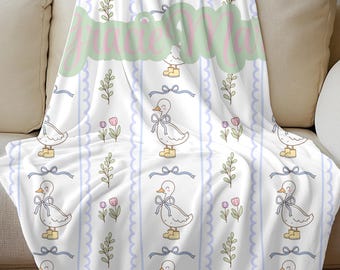 Personalized Baby Blanket with Name | Vintage Duck Design | Storybook Goose Blanket | Girl Nursery Gift | Soft Plush Heirloom Baby Throw