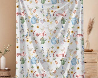 Personalized Bunny Blanket, Storybook Baby Girl Name Throw, Watercolor Garden Animal Cover, Cottagecore Nursery Decor Gift, Baby Shower Gift