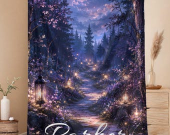 Personalized Fantasy Blanket for Teen Girl, Moonlit Forest Throw, Purple Aesthetic Bedding, Celestial Cozy Bedroom Decor Gift