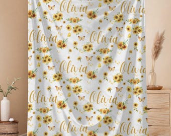 Personalized Sunflower Blanket | Custom Baby Name Blanket | Repeating Name Butterfly Throw | Girl Baby Shower Gift | Boho Floral Decor
