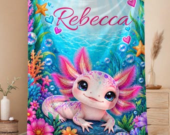 Personalized Kids Blanket, Axolotl Blanket for Girls, Custom Name Velveteen Throw, Colorful Axolotl Gift, Kids Bedroom Decor