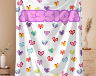 Personalized Rainbow Heart Blanket for Girls, Custom Name Blanket, Colorful Minky Velveteen Throw, Cute Tween Gift, Bright Bedroom Decor