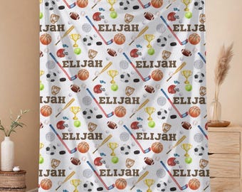 Sports Name Blanket, Personalized Boys Cover, Custom Sports Throw, Baby Shower Gift, Balls Nursery, Kids Team Blanket, Custom Name Gift