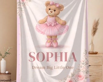Personalized Ballerina Teddy Blanket, Girl Name Baby Throw, Pink Floral Nursery Bedding, Custom Baby Girl Gift, Dream Big Little One Gift