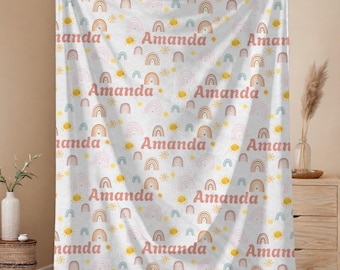 Boho Rainbow Blanket, Personalized Baby Gift, Custom Name Throw, Girl Toddler Blanket, Nursery Decor, Pastel Sun Design, Soft Cuddle Blanket
