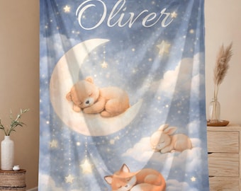 Moon & Stars Night Sky Kids Blanket | Personalized Nursery Throw | Sleepy Woodland Animals | Cozy Bedtime Cover | Custom Baby Shower Gift