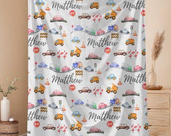Personalized Car and Truck Blanket for Boys, Custom Name Construction Blanket, Toddler Gift Kids Vehicle Theme Plush Throw, Baby Shower Gift