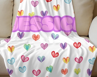 Personalized Rainbow Heart Blanket for Girls, Custom Name Blanket, Colorful Minky Velveteen Throw, Cute Tween Gift, Bright Bedroom Decor