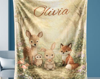 Woodland Animals Kids Blanket | Personalized Forest Friends Throw | Soft Storybook Nursery Decor | Cozy Plush Child Blanket