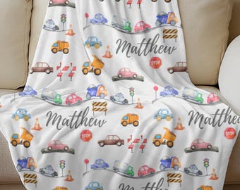 Personalized Car and Truck Blanket for Boys, Custom Name Construction Blanket, Toddler Gift Kids Vehicle Theme Plush Throw, Baby Shower Gift