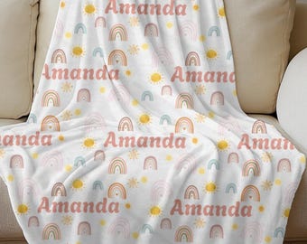 Boho Rainbow Blanket, Personalized Baby Gift, Custom Name Throw, Girl Toddler Blanket, Nursery Decor, Pastel Sun Design, Soft Cuddle Blanket