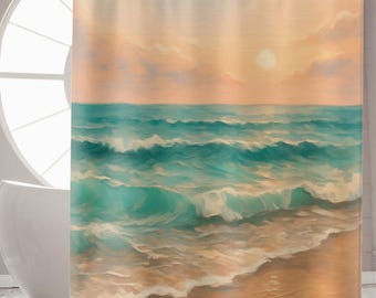 Coastal Boho Shower Curtain, Ocean Horizon Bathroom Decor, Teal and Sand Beach Print Curtain, Modern Seaside Home Style Elegant Coastal Bath