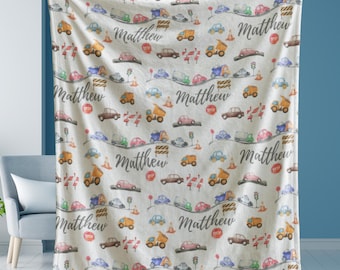Personalized Car and Truck Blanket for Boys, Custom Name Construction Blanket, Toddler Gift Kids Vehicle Theme Plush Throw, Baby Shower Gift