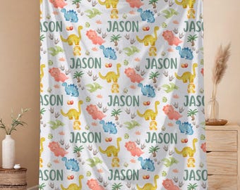 Dinosaur Name Blanket, Personalized Dino Baby Blanket, Custom Toddler Blanket, Boy Baby Shower Gift, Jurassic Nursery Decor, Kids Name Throw