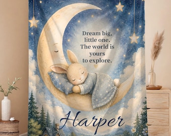 Personalized Bunny Moon Baby Blanket, Storybook Nursery Bedding, Custom Name Throw, Neutral Baby Shower Gift, Whimsical Decor
