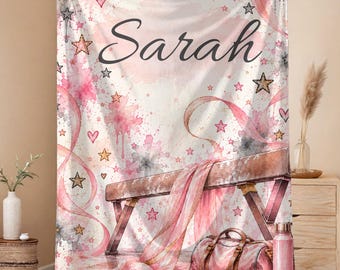 Girls Gymnastics Blanket, Personalized Kids Blanket with Name, Pink Gymnastics Throw, Balance Beam Gift for Gymnast