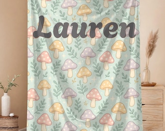 Personalized Mushroom Blanket, Custom Name Throw, Whimsical Boho Fungi Print, Soft Cozy Gift for Kids, Teens or Cottagecore Decor