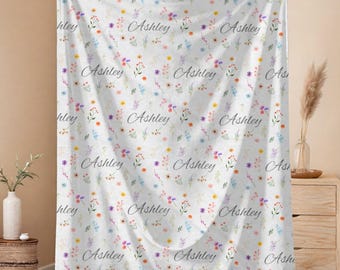 Personalized Name Blanket with Watercolor Flowers, Custom Floral Throw Blanket, Gift for Her, Teen Girl, Mom, Grandma, Cozy Bedding