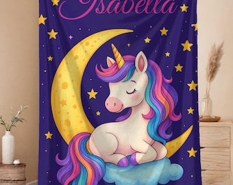 Personalized Unicorn Girl Blanket, Moon and Stars Name Blanket, Custom Toddler Gift, Soft Baby Blanket for Girls, Magical Nursery Decor