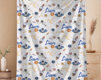 Personalized Space Blanket, Custom Name Rocketship Throw, Galaxy Baby Blanket, Astronaut Toddler Blanket, Outer Space Nursery Planet Decor