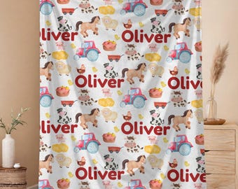 Farm Animal Baby Blanket | Personalized Name Blanket for Boys | Cow Pig Horse Sheep Barn Nursery Decor | Baby Shower Gift