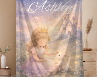 Princess Toddler Blanket | Fairytale Girl & Animal Friend Throw | Personalized Storybook Kids Blanket | Cozy Royal Bedroom Decor