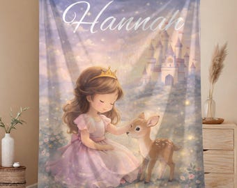 Princess Toddler Blanket | Fairytale Girl & Deer Throw | Personalized Storybook Kids Blanket | Cozy Royal Bedroom Decor