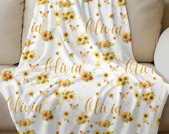 Personalized Sunflower Blanket | Custom Baby Name Blanket | Repeating Name Butterfly Throw | Girl Baby Shower Gift | Boho Floral Decor