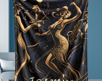 Personalized Art Deco Blanket | City Glam Jazz Throw | Custom Name Navy Gold Decor | Speakeasy Luxury Plush Blanket