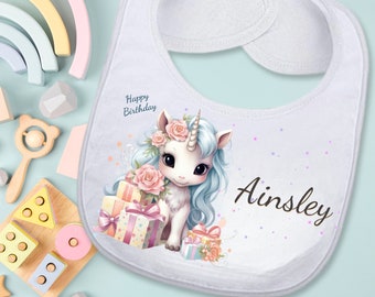 Unicorn Baby Bib Custom Absorbent Cloth Birthday Baby Girl Gift, Personalized Unicorn Birthday Bib with Name Handmade Baby Shower Gift