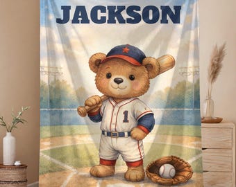 Personalized Baseball Baby Blanket, Custom Teddy Bear Name Blanket, Sports Nursery Decor, Baby Boy Shower Gift, Plush Velveteen Keepsake