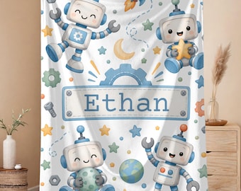 Personalized Kids Blanket, Custom Name Baby Blanket, Cute Robot Nursery Blanket, Baby Boy Gift, Toddler Bedroom Decor