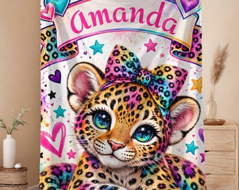 Personalized Kids Blanket, Colorful Leopard Blanket for Girls, Custom Name Throw, Rainbow Animal Bedroom Decor, Girl Birthday Gift