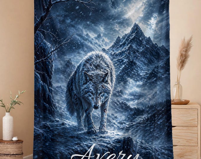 Featured listing image: Personalized Wolf Blanket for Tween Boy Girl, Snow Wolf Throw, Winter Wolf Gift, Cool Teen Bedroom Decor, Custom Name Blanket