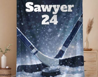 Personalized Hockey Blanket for Kids | Custom Name Cozy Winter Throw | Ice Hockey Bedroom Decor