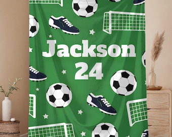 Personalized Soccer Blanket for Kids | Custom Name Sports Blanket | Green Soccer Pattern Throw
