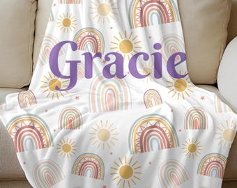 Personalized Boho Rainbow Blanket | Custom Name Girl or Boy Baby Blanket | Nursery Decor Throw | Soft Minky or Fleece