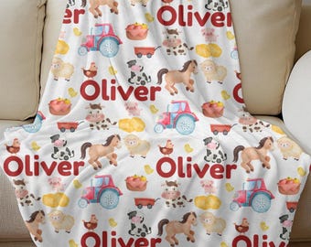 Farm Animal Baby Blanket | Personalized Name Blanket for Boys | Cow Pig Horse Sheep Barn Nursery Decor | Baby Shower Gift
