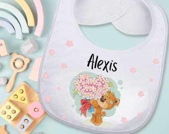 Cute Baby Bear Custom Absorbent Drool Bib with 12oz Sippy Cup Girl Birthday Gift Set, Personalized Floral Baby Girl Unique Bib Gift Set