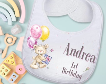 Teddy Bear Custom Absorbent Bib 1st Birthday Gift for Girls, Personalized Cute Unique Baby Girl Bear Birthday Bib Handmade 1st Birthday Gift