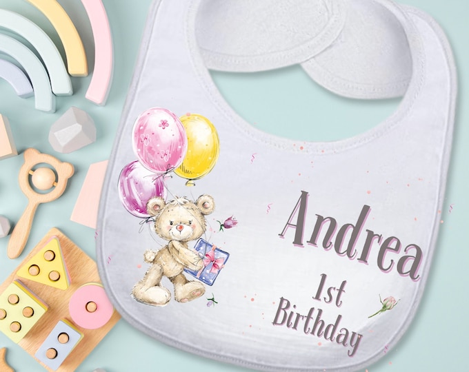 Featured listing image: Teddy Bear Custom Absorbent Bib 1st Birthday Gift for Girls, Personalized Cute Unique Baby Girl Bear Birthday Bib Handmade 1st Birthday Gift