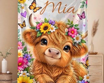 Personalized Kids Blanket, Highland Cow Blanket for Girls, Farm Animal Blanket, Custom Name Velveteen Throw, Colorful Cow Gift