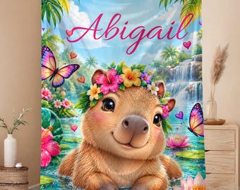 Personalized Kids Blanket, Capybara Blanket for Girls, Custom Name Velveteen Throw, Tropical Animal Gift, Colorful Bedroom Decor