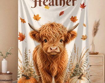 Personalized Highland Cow Baby Blanket, Fall Nursery Bedding, Custom Name Baby Gift, Autumn Baby Shower Gift, Cow Nursery Decor