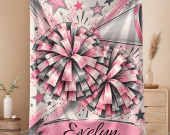 Cheerleading Blanket, Personalized Cheer Blanket with Name, Custom Cheerleader Throw, Pink and Gray Gift for Girls