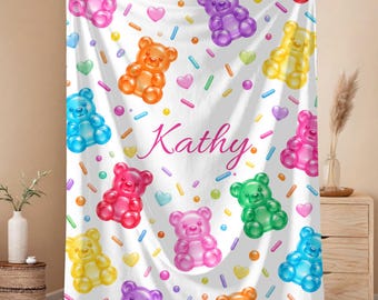 Gummy Bear Blanket, Personalized Girl Blanket, Custom Name Kids Blanket, Colorful Gummy Bear Gift, Candy Bedroom Decor
